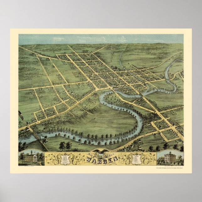 Poster Warren, OH Carte panoramique - 1870 (Devant)