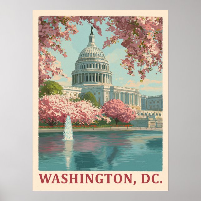 Poster Washington DC - Cherry Blossoms & Capitol Building (Devant)