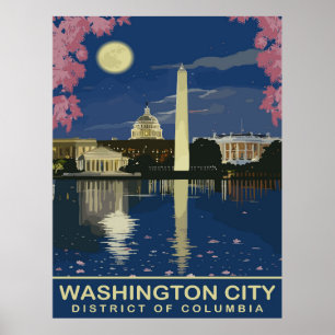 Poster Washington DC, Water Reflections par Nuit, Travel