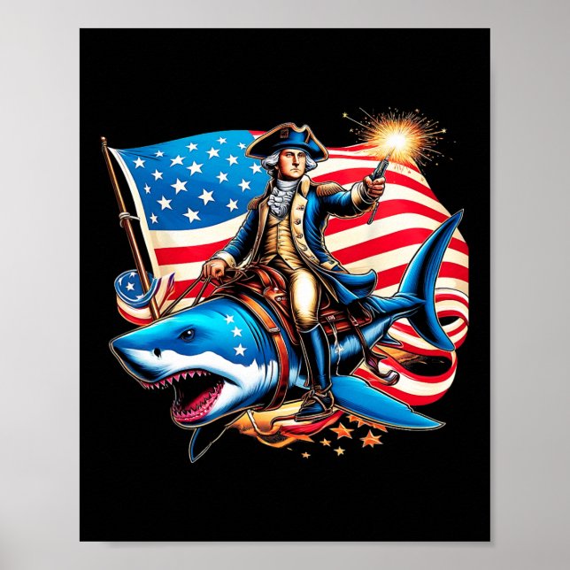 Poster Washington Riding Shark Funny Juillet 4 American F (Devant)