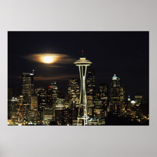 Poster Washington, Seattle, Skyline la nuit à partir de K