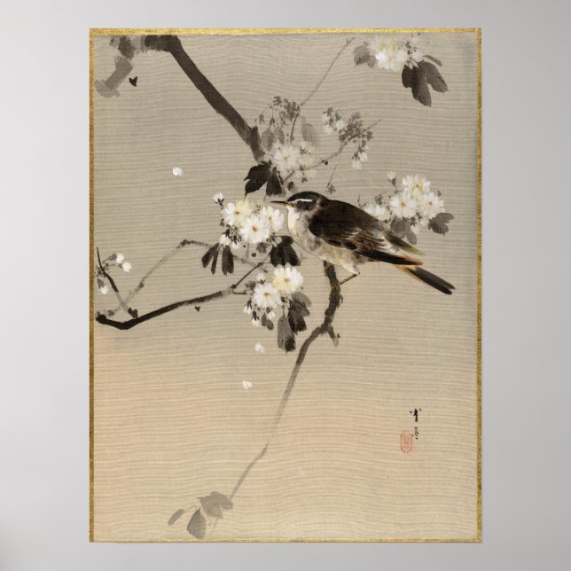 Poster Watanabe Seitei Bird sur une branche de fleurs (Devant)