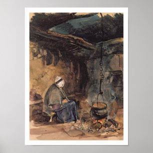 Poster Watching the pot boil - a cottage interior