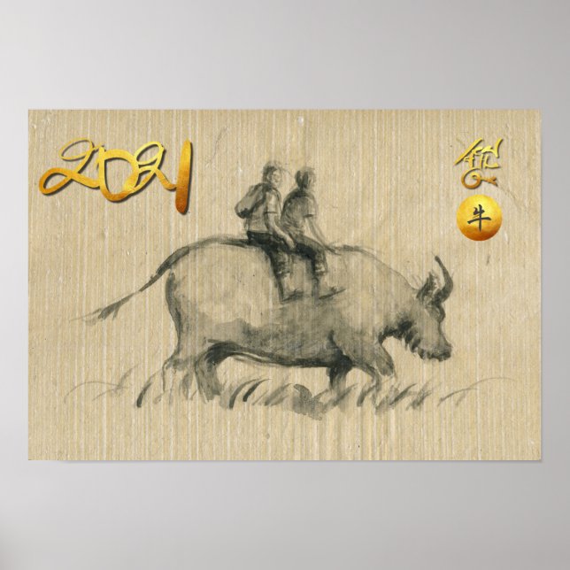 Poster Water Buffalo Children Chinese Ox Année 2021 HorP (Devant)