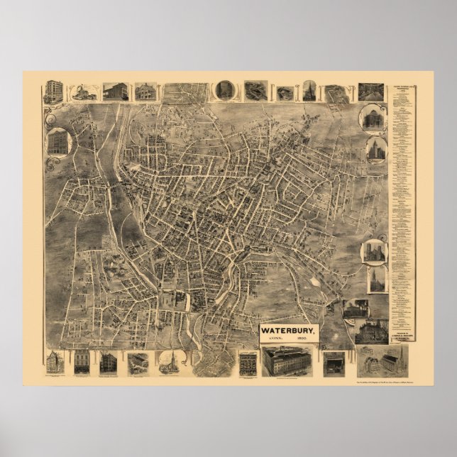 Poster Waterbury, CT Carte panoramique - 1899 (Devant)