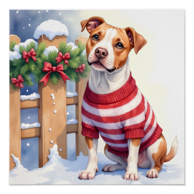 Poster Watercolor American Pit Bull Terrier Festive (Devant)