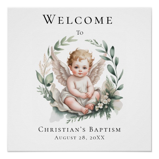 Poster Watercolor Angel Wings Baptism Welcome Sign (Devant)