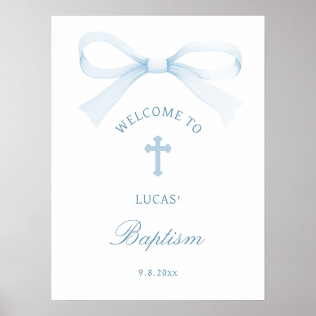 Poster Watercolor Blue Bow Baptism Welcome (Devant)