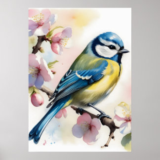 Poster Watercolor Blue Tit Bird on Apple Tree Spring