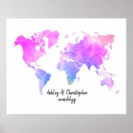 Poster Watercolor Carte du monde Mariage Livre d'invité P