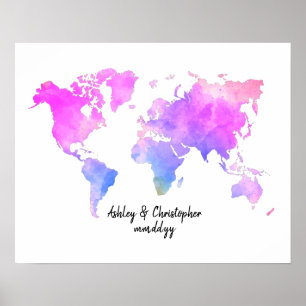 Poster Watercolor Carte du monde Mariage Livre d'invité P