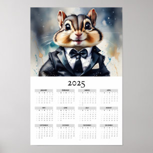 Poster Watercolor Chipmunk Tux Bow Cravate 2025 Calendrie
