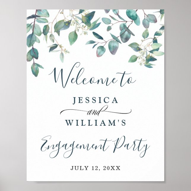 Poster Watercolor Eucalyptus Green Engagement Party (Devant)