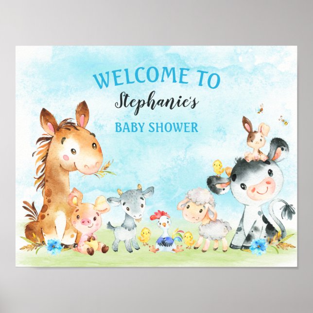 Poster Watercolor Farm Animaux Baby shower garçon (Devant)