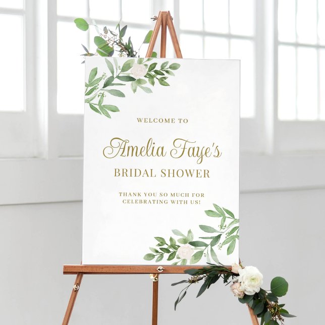 Poster Watercolor Greenery Bridal Shower Welcome (Botanical bridal shower welcome sign featuring watercolor white flowers and greenery.)