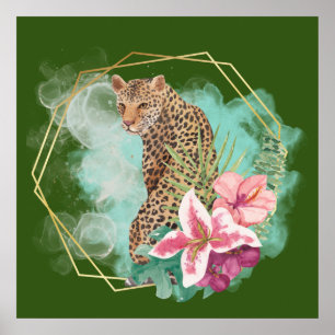 Poster Watercolor Leopard and Tropical Frame 