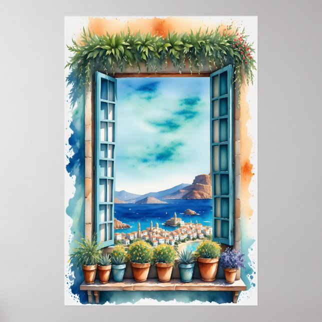 Poster Watercolor Mediterranean Window View Coastal Ville (Devant)