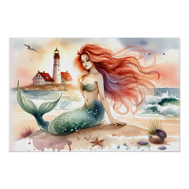 Poster Watercolor Mermaid by Lighthouse Shore (Devant)