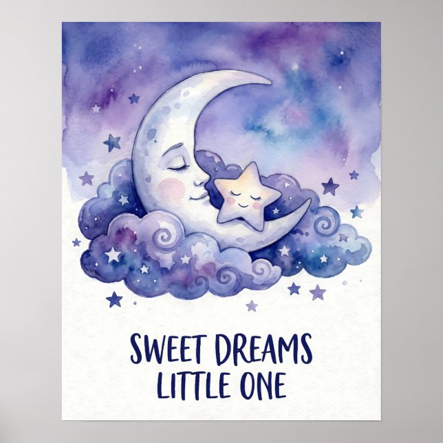 Poster Watercolor Moon and Star Sweet Dreams Little One (Devant)