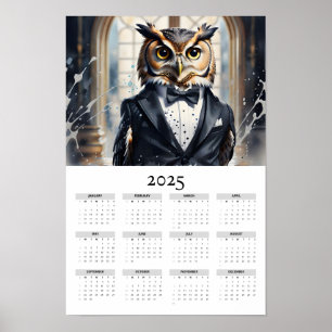 Poster Watercolor Owl Tuxedo Bow Cravate 2025 Wall Calend