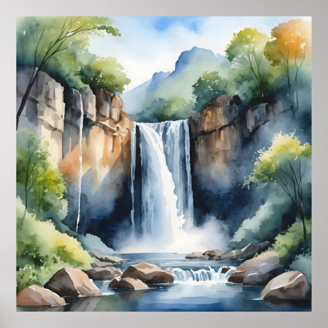 Poster Watercolor painted waterfall (Devant)