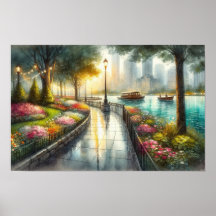 Watercolor Rainy Park Scene