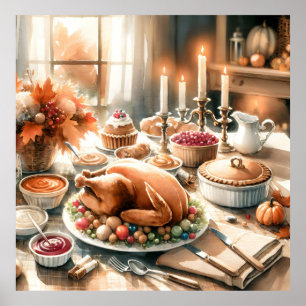 Poster Watercolor Thanksgiving dîner scène