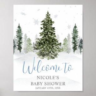 Poster Watercolor Winter Forest Blue Baby shower Bienvenu