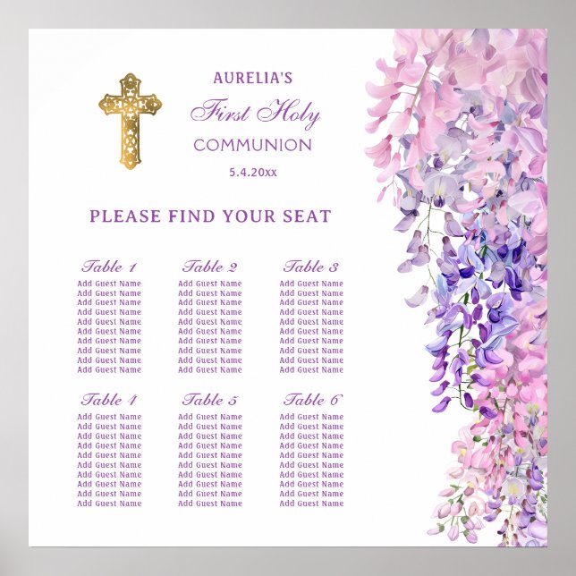 Poster Watercolor Wisteria First Communion Seating Chart (Devant)