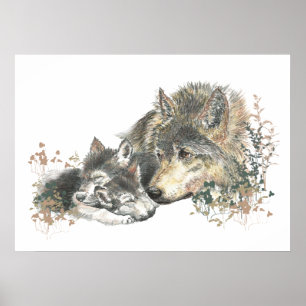 Poster Watercolor  Wolf Parent & Cub Animal Art