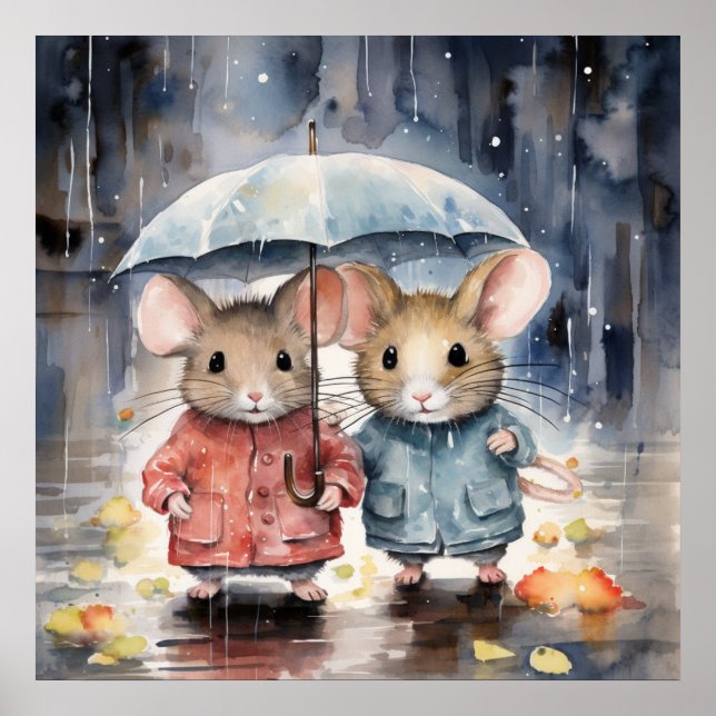 Poster Watercolour Mice in The Rain (Devant)