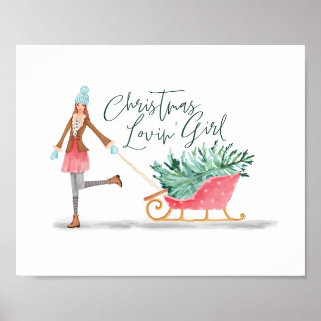 Poster Waterolor Christmas Lovin' Girl Pulling Sleigh (Devant)