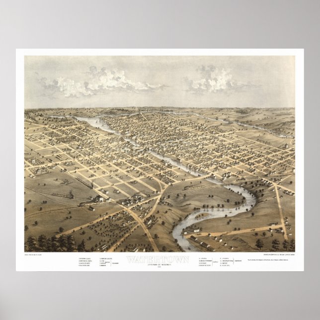 Poster Watertown, WI Carte panoramique - 1867 (Devant)