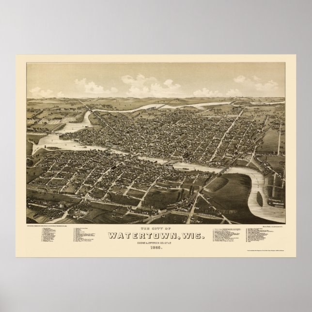 Poster Watertown, WI Carte panoramique - 1885 (Devant)