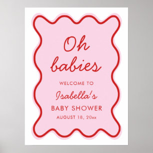 Poster Wavy Moderne Curvy Retro Baby shower rose et rouge
