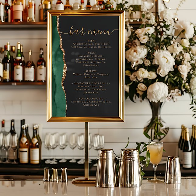 Poster Wedding Bar Menu Emerald Green Gold Agate Dark (Créateur téléchargé)