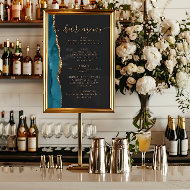 Poster Wedding Bar Menu Teal Blue Gold Agate Dark (Créateur téléchargé)