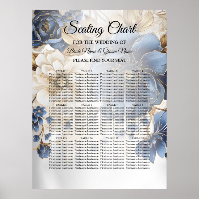 Poster Wedding Navy Blue White Golden Floral Silver (Devant)