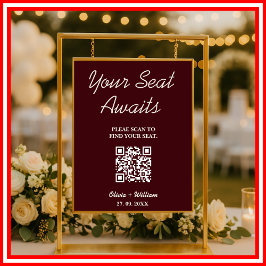 Poster Wedding Seating Chart QR Burgundy & Ivory Rustic