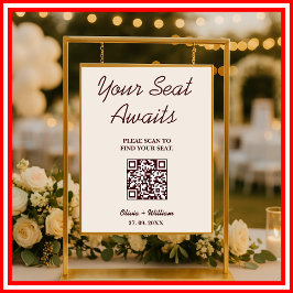Poster Wedding Seating Chart QR Burgundy & Ivory Rustic