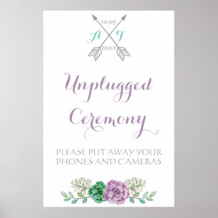 Poster Wedding sign Unplugged Ceremony, bothanical flower