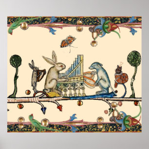 Poster WEIRD MEDIEVAL BESTIARY MAKING MUSIC,Rabbit, Dog