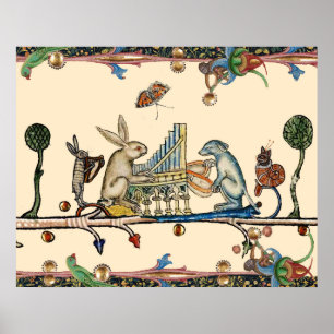 Poster WEIRD MEDIEVAL BESTIARY MAKING MUSIC,Rabbit, Dog