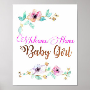 Poster Welcom Home Baby Girl avec police en feuille de cu