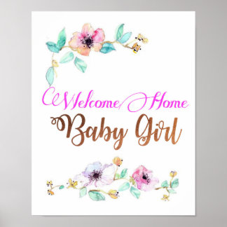Poster Welcom Home Baby Girl avec police en feuille de cu