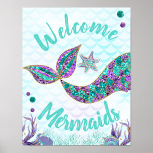 Poster Welcome Mermaids, Mermaid Birthday Sign, Wall art