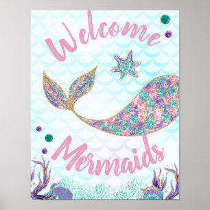 Poster Welcome Mermaids, Mermaid Birthday Sign, Wall art