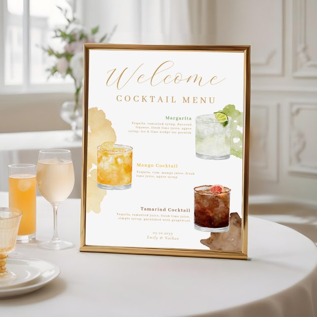 Poster Welcome Watercolor Cocktails Menu Mariage Drink (Welcome Watercolor Cocktails Wedding Drink Menu Poster)