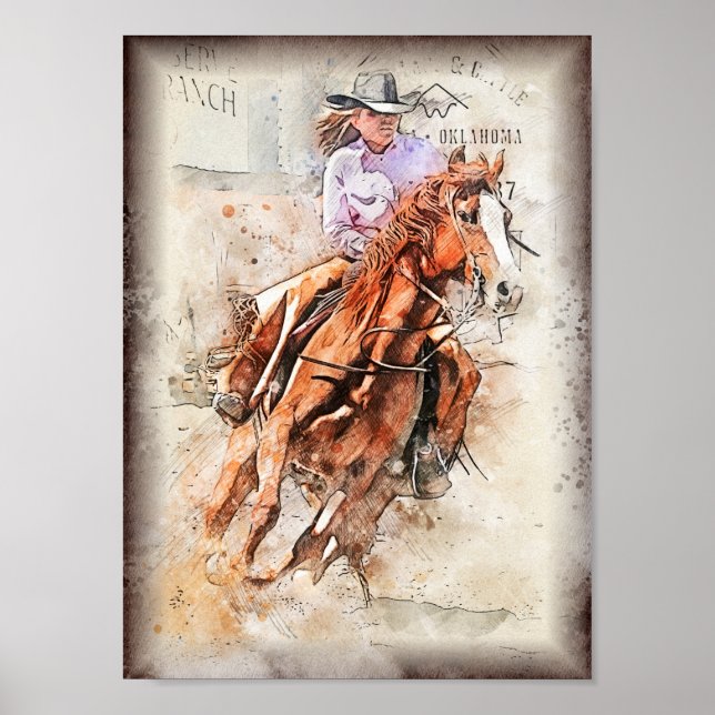Poster Western Barrel Racing Cowgirl Decoupage Imprimer (Devant)