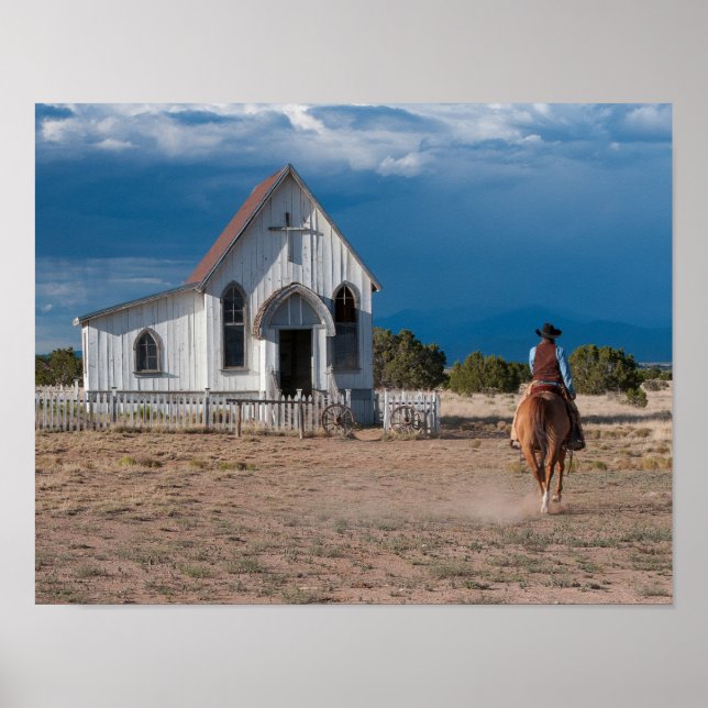 Poster Western Cowboy Équitation Cheval À L'Église Imprim (Devant)